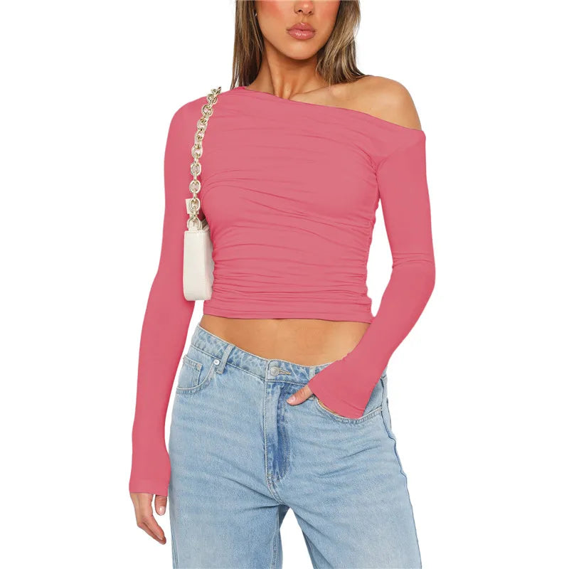 Cropped Tees Y2K Clothes for Women Solid Color O Neck Long Sleeve T Shirt 2000S Crop Tops Casual Streetwear